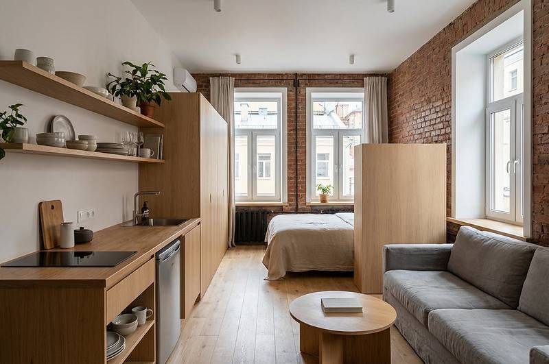 отказ от навесных шкафов в кухне студии