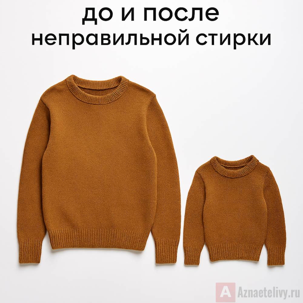 Фото свитера до и после неправильной стирки: усадка, потеря формы